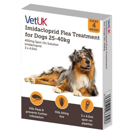 VetUK 400mg Imidacloprid Flea Treatment for Dogs 25 to 40kg (3 Pipettes)